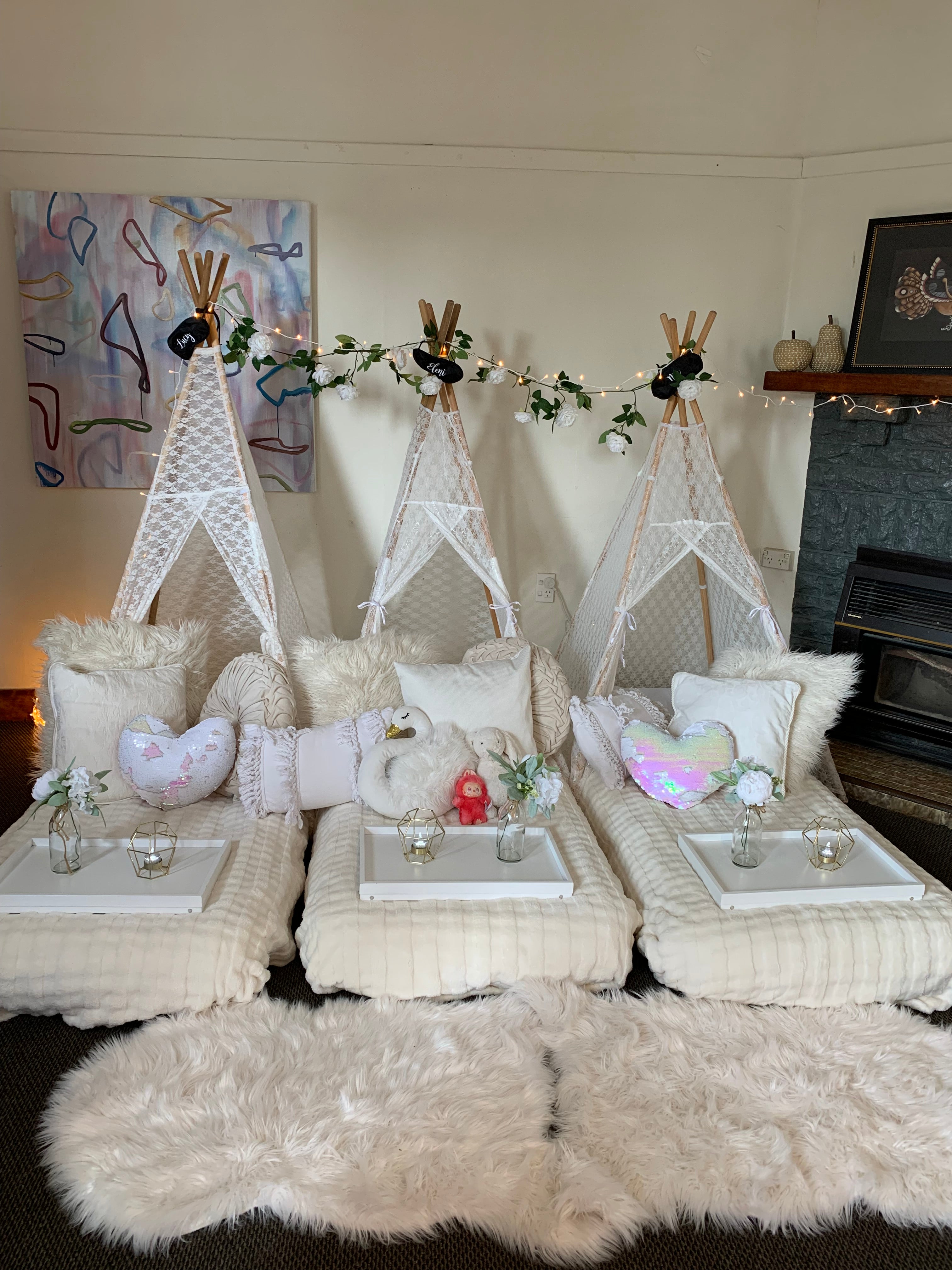 Blooming floral white teepee party hire Wellington