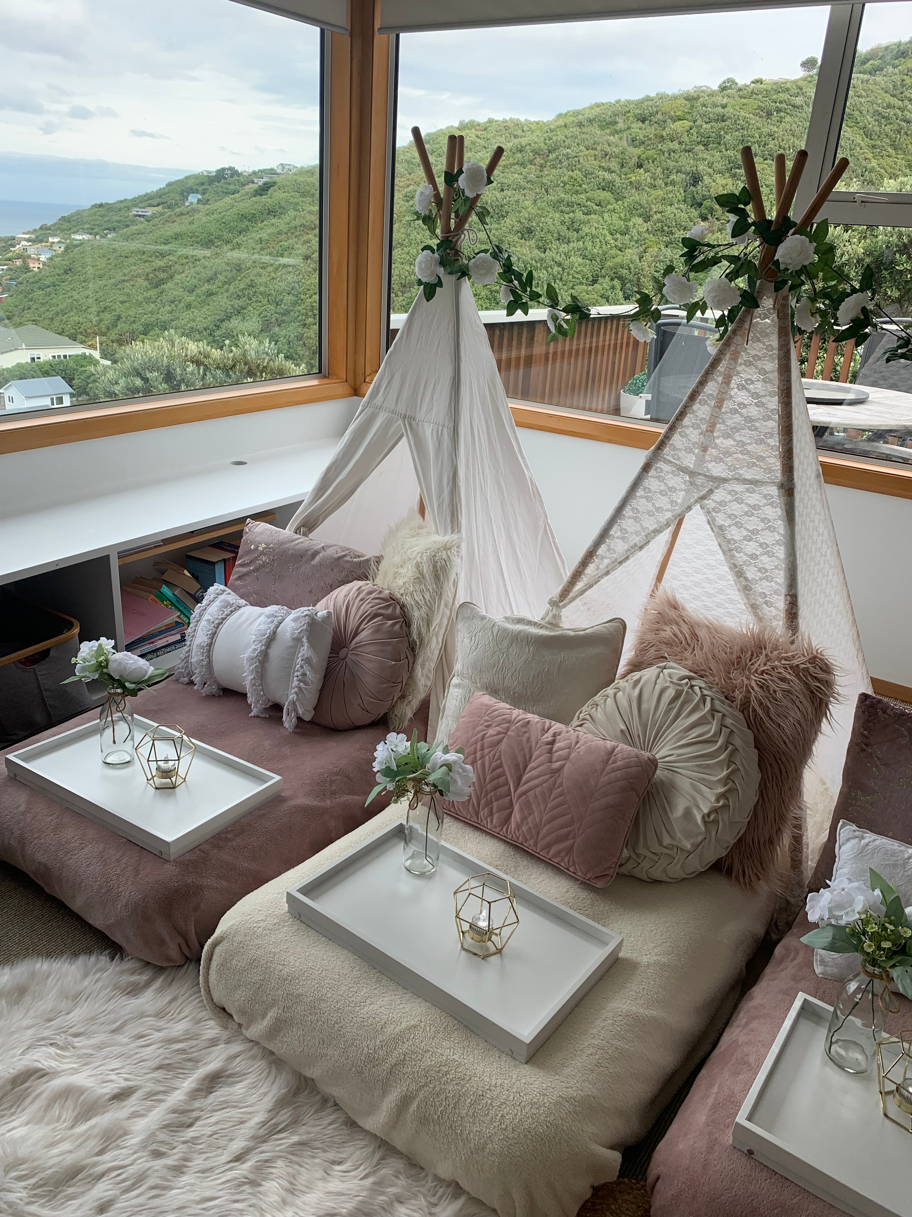 Blooming floral teepee party setup Wellington