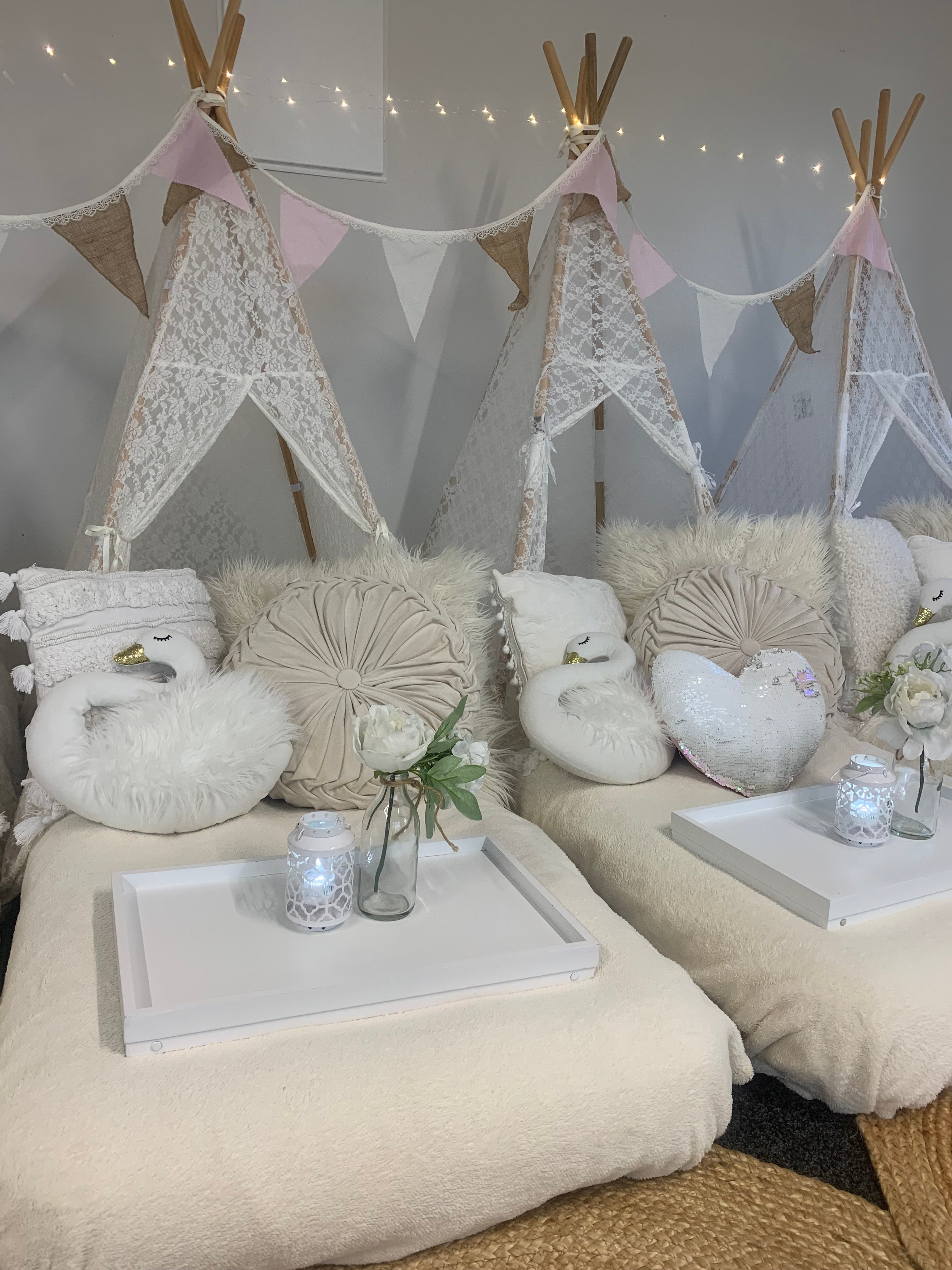 Teepee sleepover party gorgeous white theme with swans