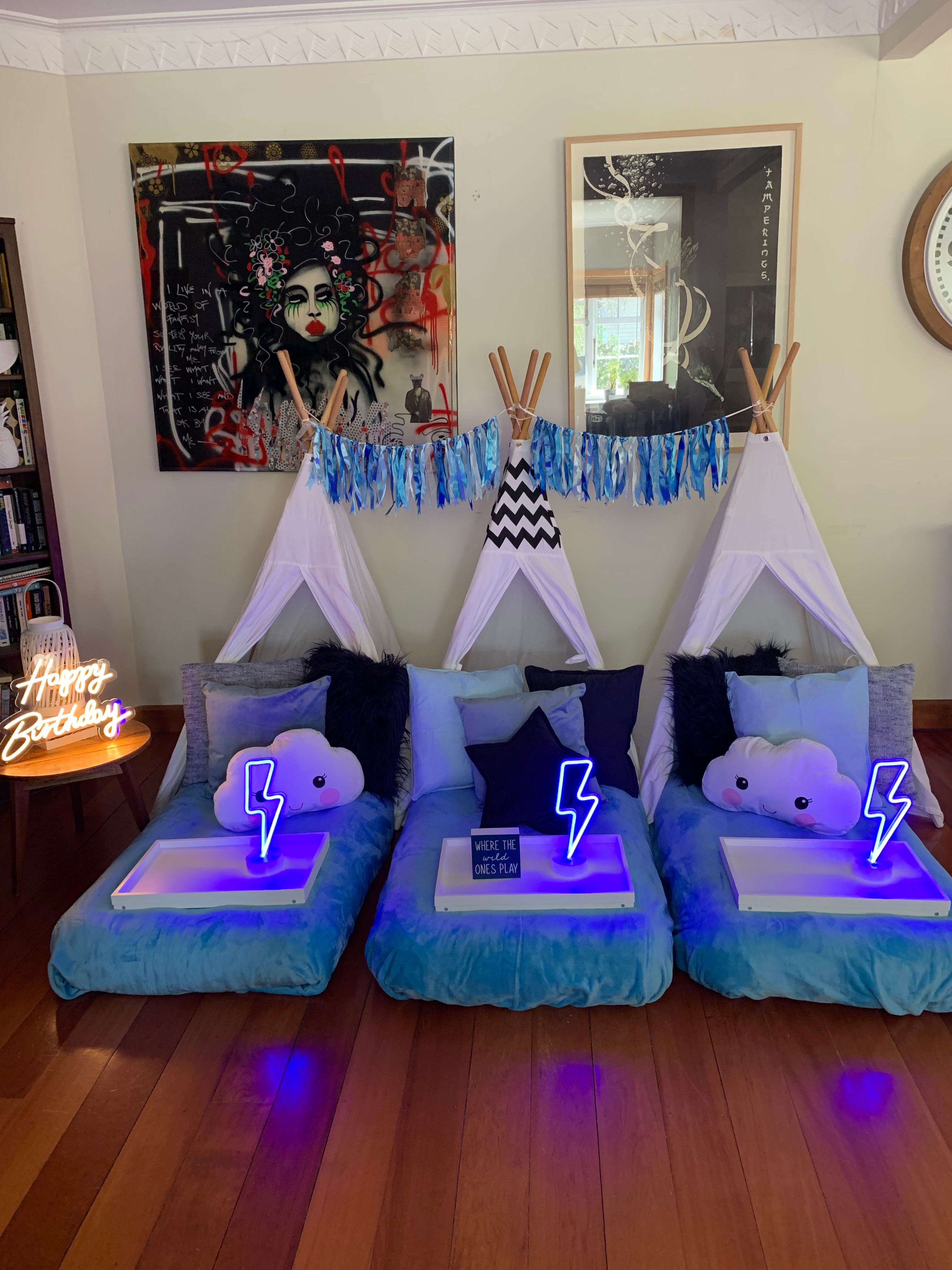 Blue cloud themed teepee slumber party Wellington