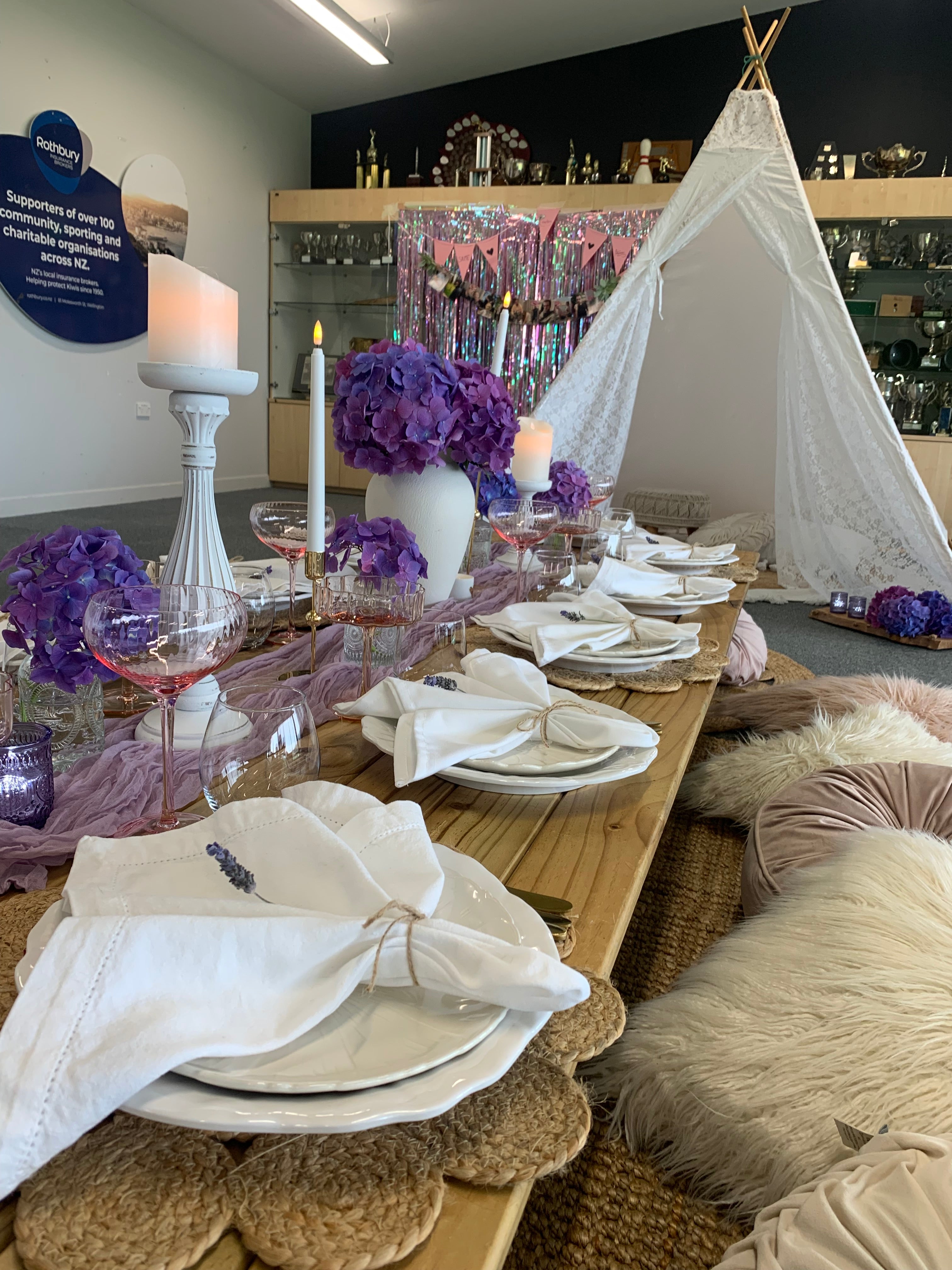 Hens party picnic setup with purple hydrangeas Wellington