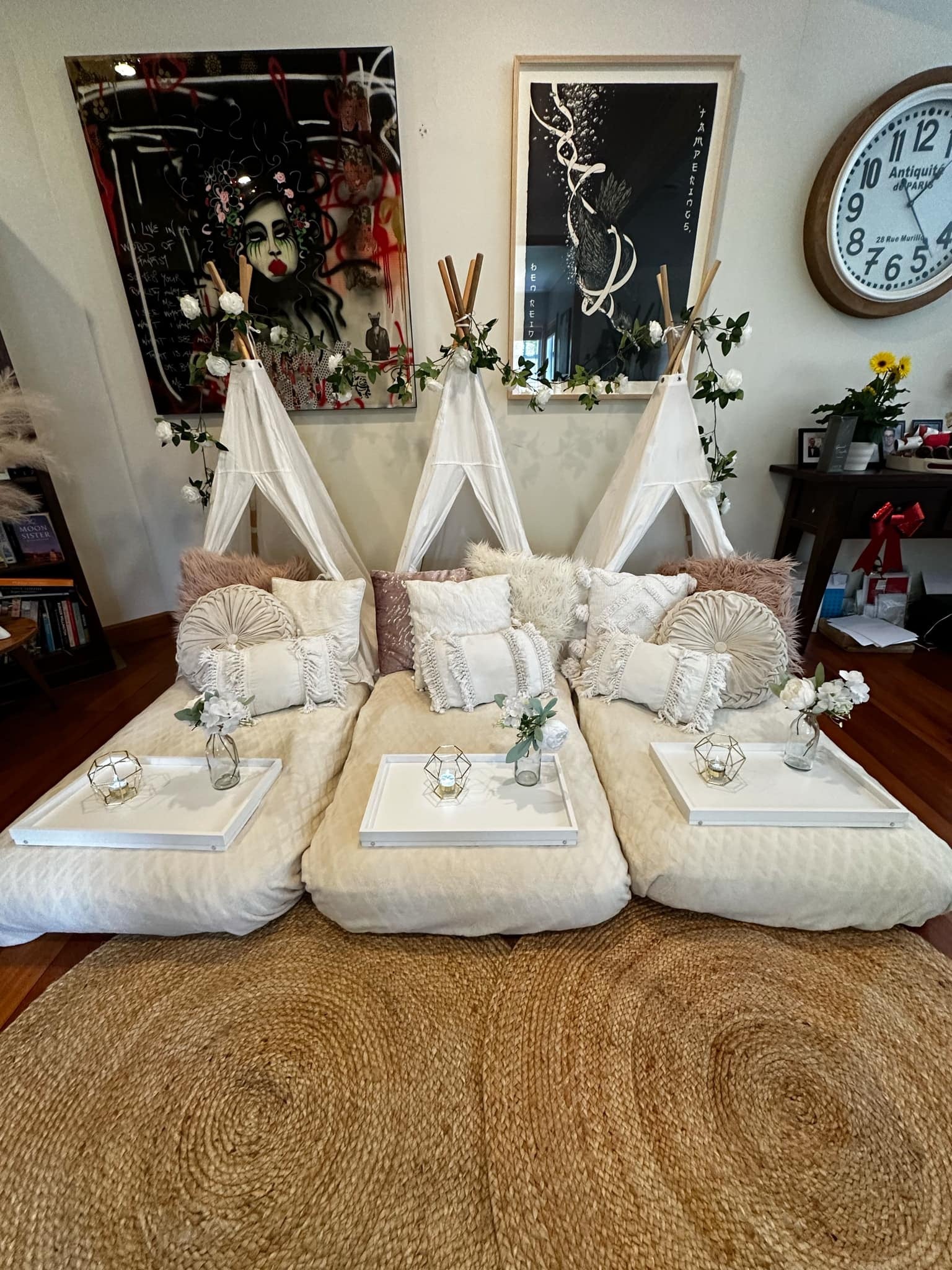 Blooming floral white and blush pink teepee setup Wellington