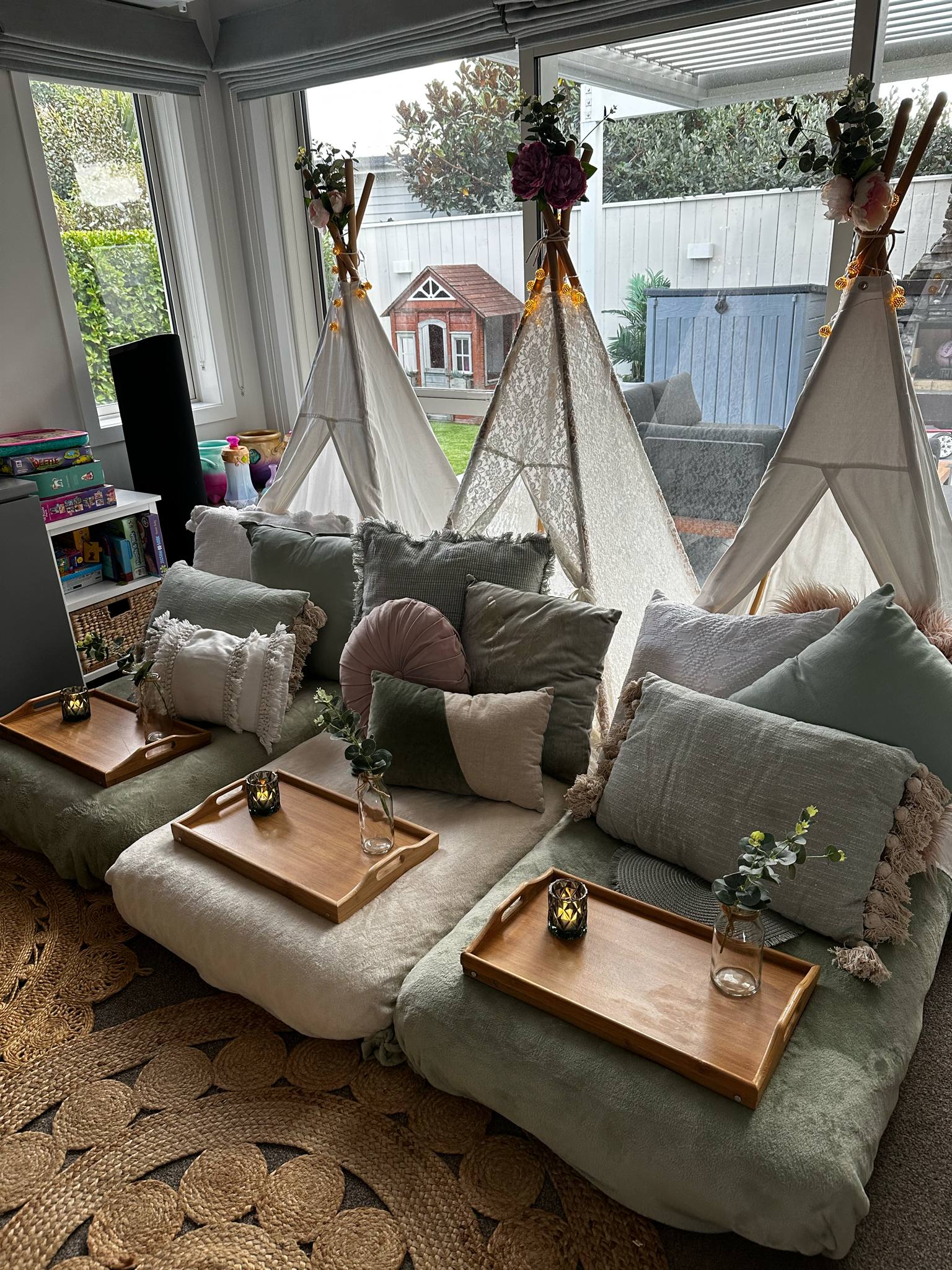 Blushing boho sage teepee party hire Wellington