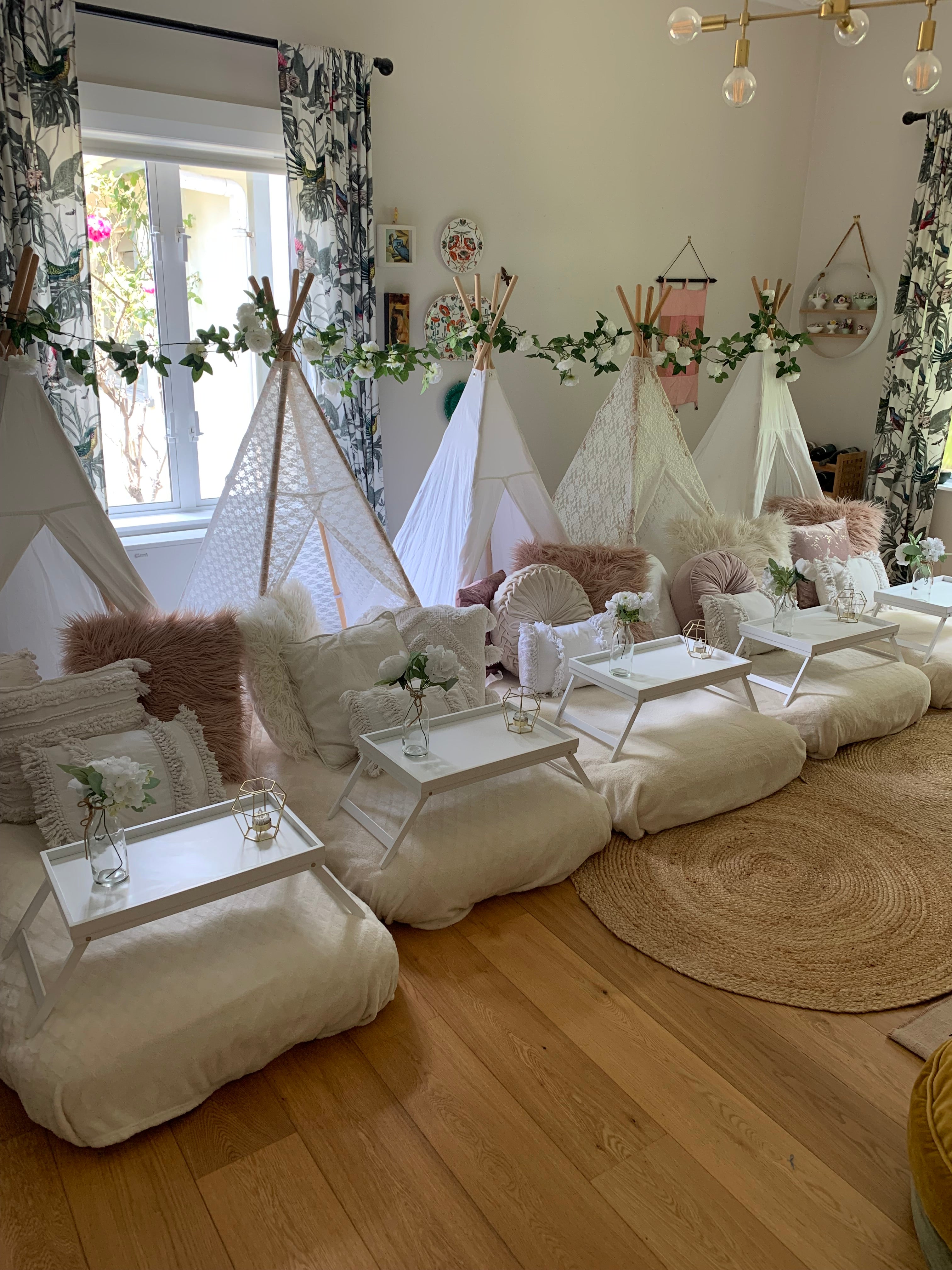 Classic white floral teepee party setup with a blush of pink Wellington event company