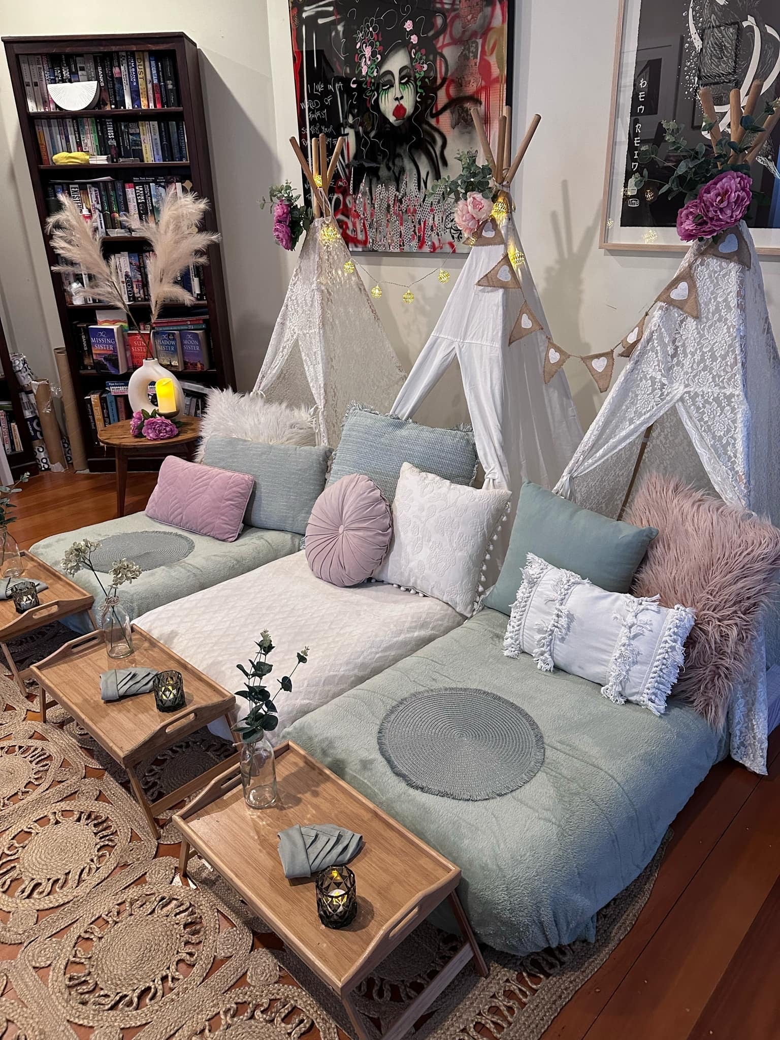 Blushing pink and sage green teepee setup Wellington