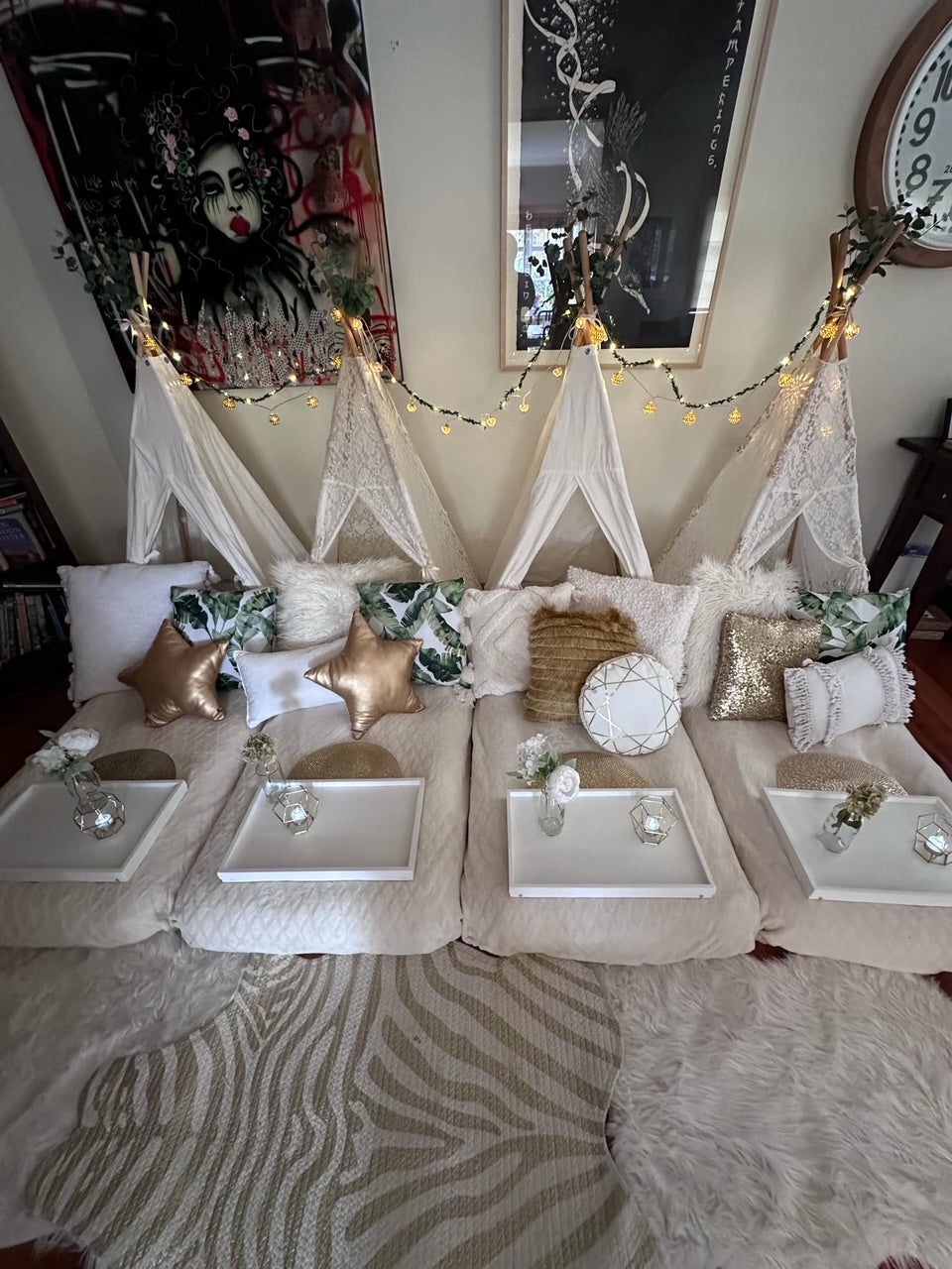 White gold and leafy teepee slumber party hire Wellington
